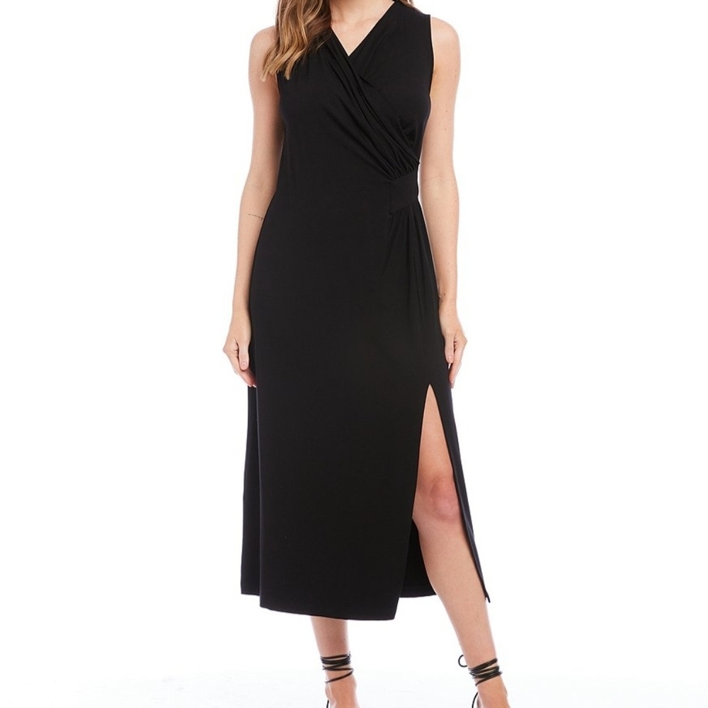 NWT Karen Kane Surplice V-Neck Sleeveless Side Slit Faux Wrap Midi Dress, MEDIUM
